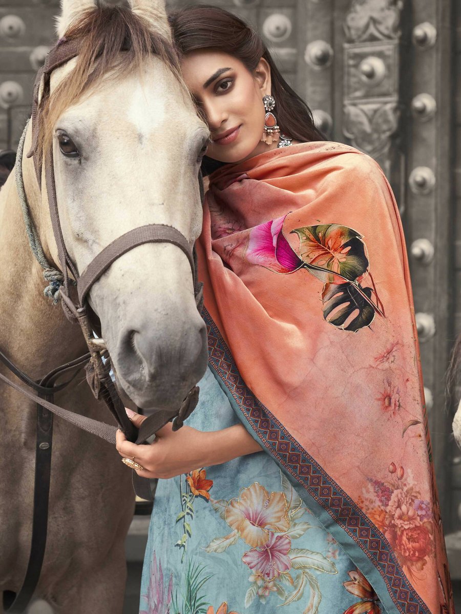 Aastha Fashion Women's Sky Blue Velvet Floral Digital Printed Kurta with Trouser & Dupatta - Grab2buy
