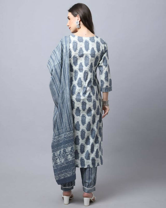 Aastha Fashion Women's Off White Cotton Jaipuri Printed Kurta with Trouser & Dupatta - Grab2buy