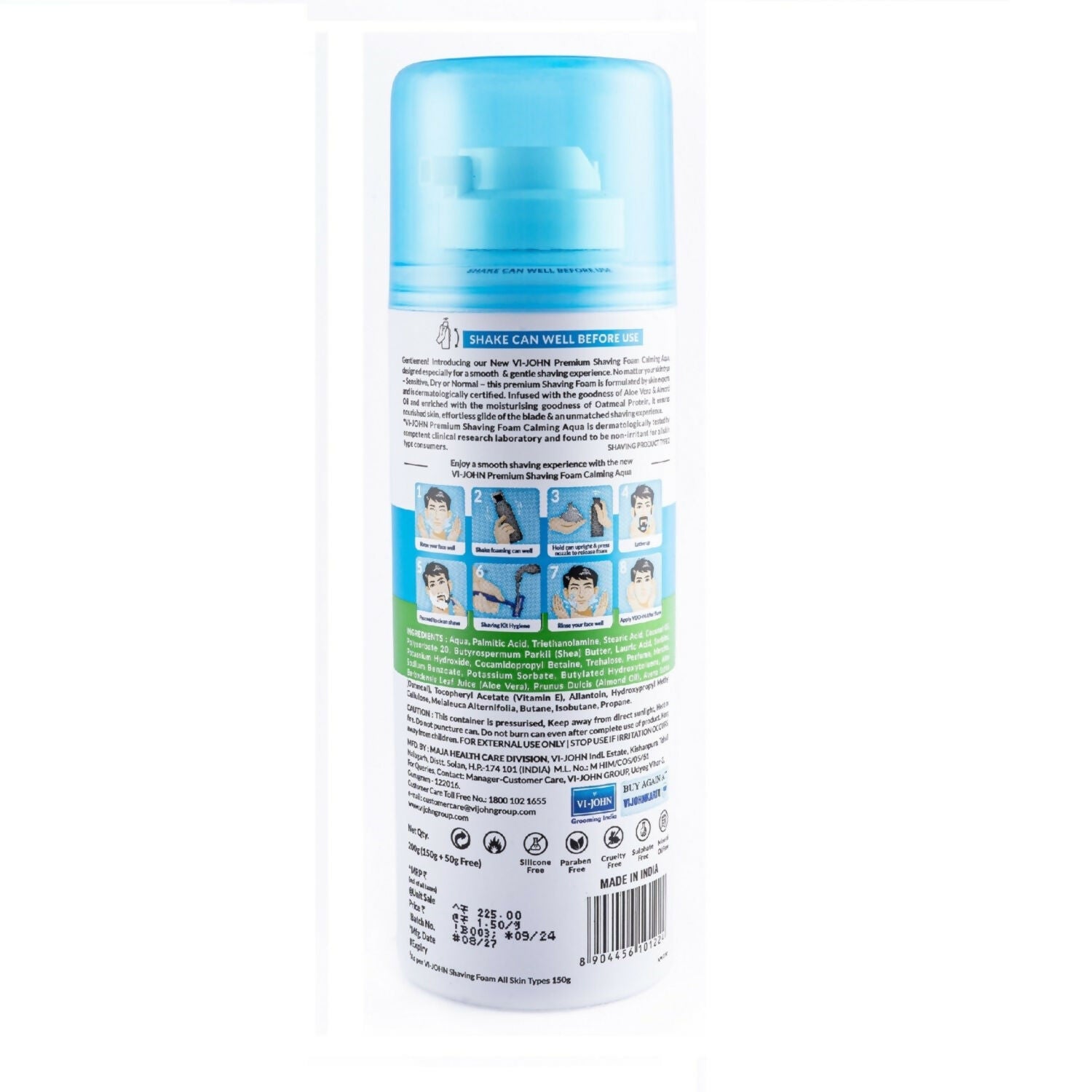 VI-JOHN Dermatologically Tested Premium Claming Aqua Shaving Foam Enriched with Aloevera & Almond Oil Free From Silicone, Paraben & Mineral Oil  Grab2Buy VI-JOHN Grab2Buy