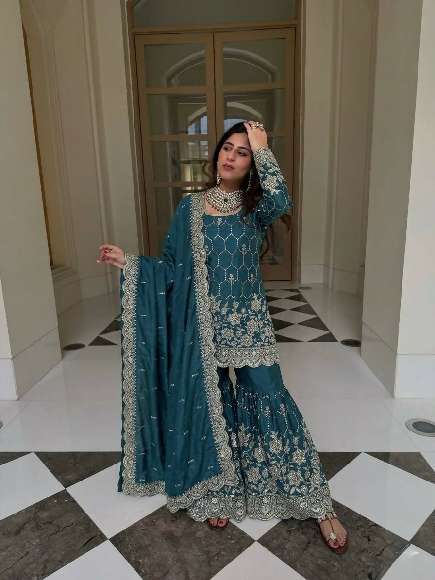 Teeya Creation New Trendy Latest Designer Embroidery Sharara Kurta Set -Teal