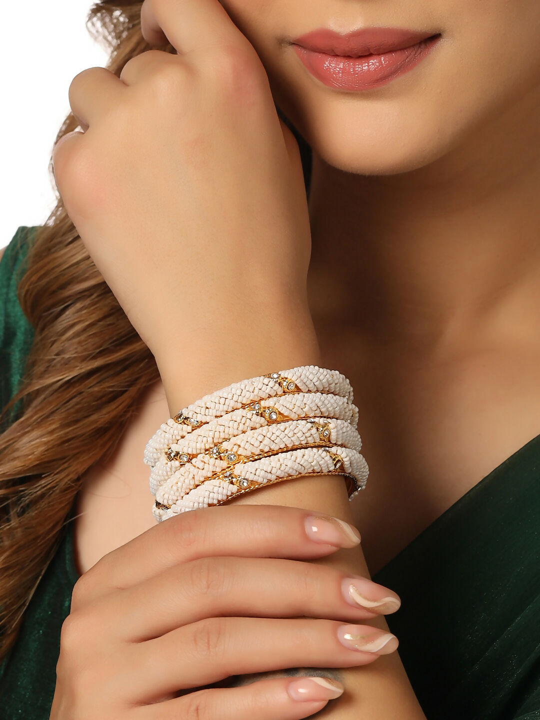 NVR Women Set of 2 Gold-Polished Traditional Pearls Beaded Bangles | Grab2Buy