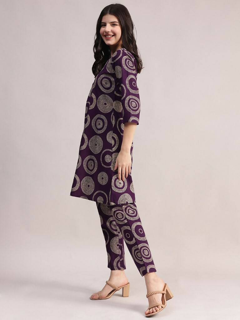 Aavyora Women's Purple Abstract Printed Pure Cotton Co-ord Set 