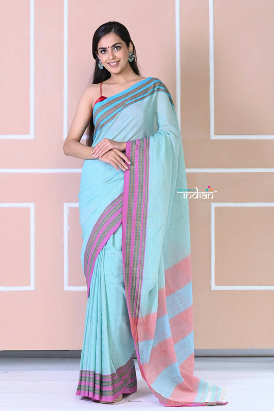Very Much Indian Traditional Patteda Anchu Ilkal Handloom Grab2Buy - Sky Blue