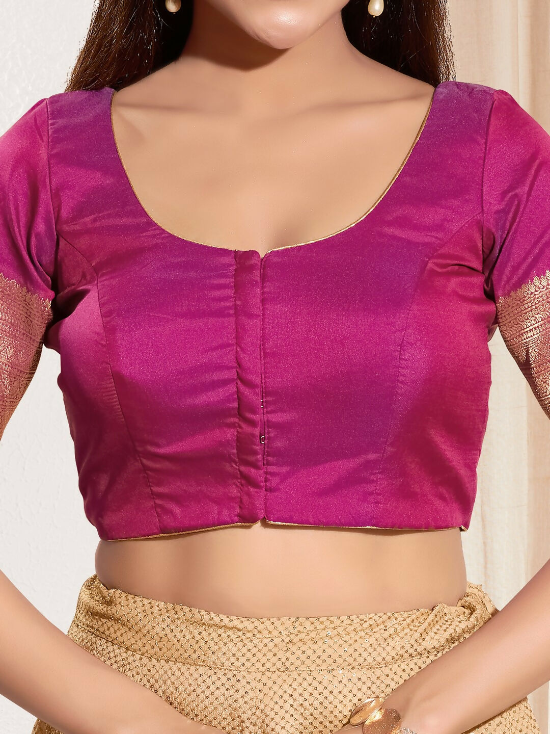 Joban Fashion Purple Taffeta Silk Padded Blouse With Round Neck Elbow Sleeves