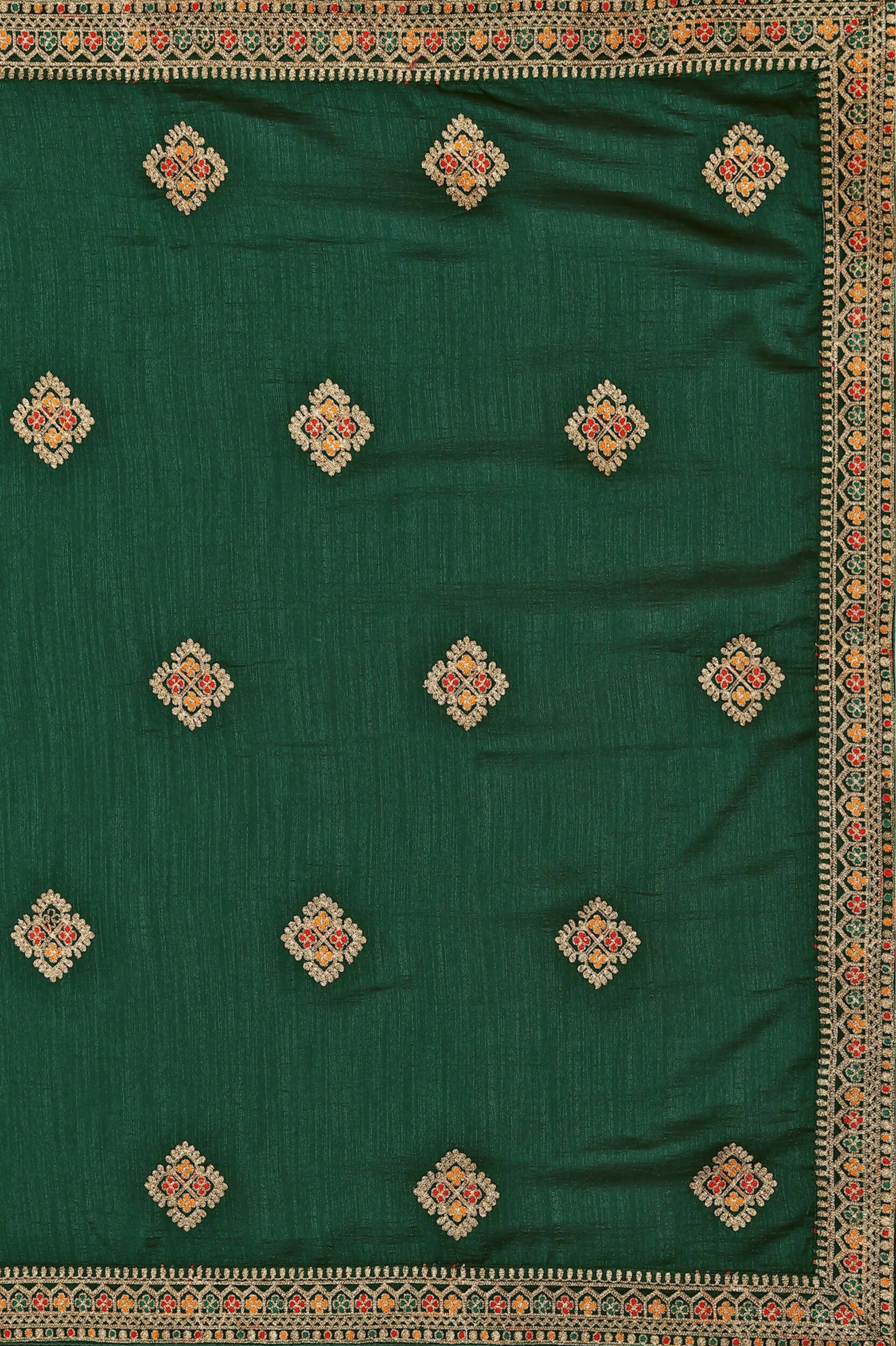 Green Chinon Embroidered Saree with Unstitched Blouse Piece - Roozal