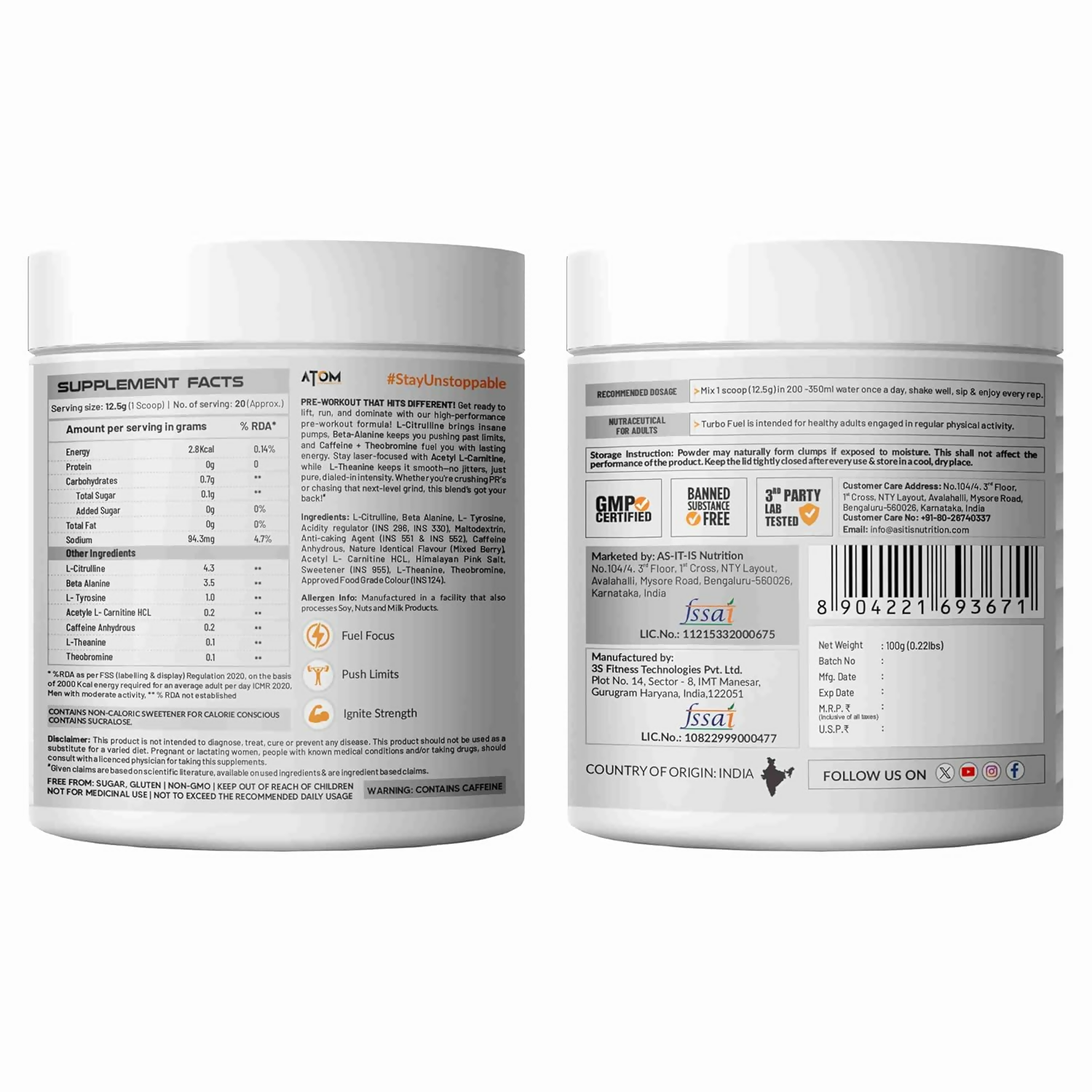 As-It-Is Atom Turbo Fuel Pre-Workout Formula Berry Blast Flavour 