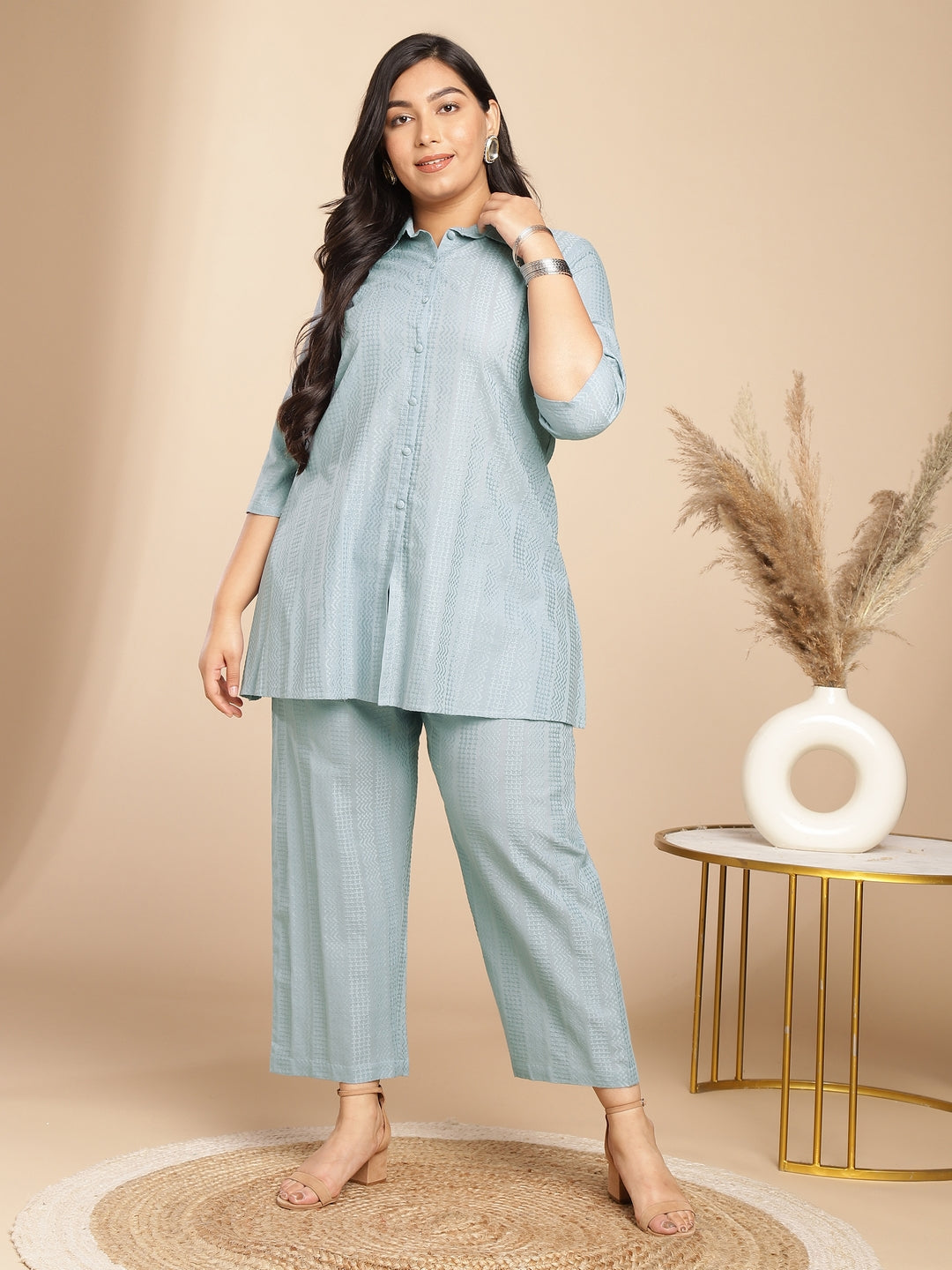 Janasya A-Line Jacquard Light Blue N/A Collar Co-Ords 