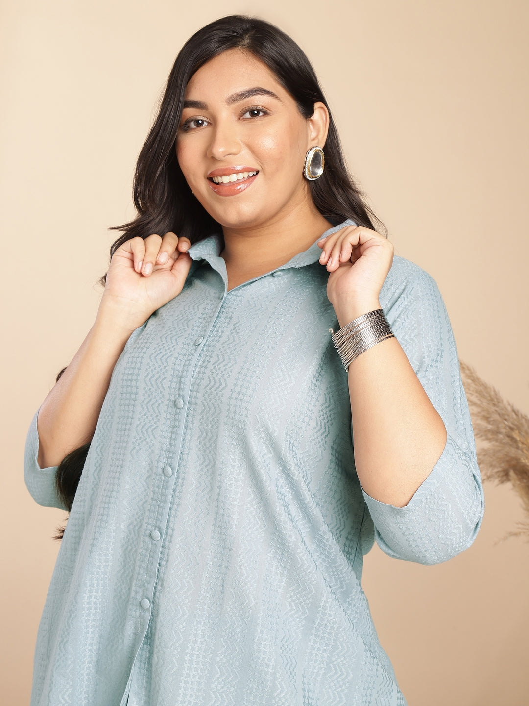 Janasya A-Line Jacquard Light Blue N/A Collar Co-Ords 