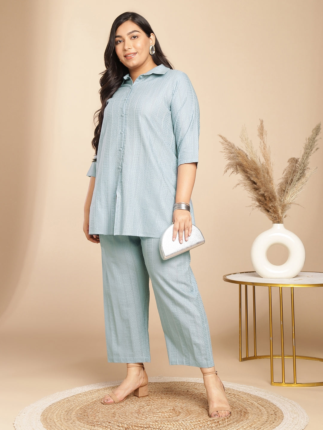 Janasya A-Line Jacquard Light Blue N/A Collar Co-Ords 
