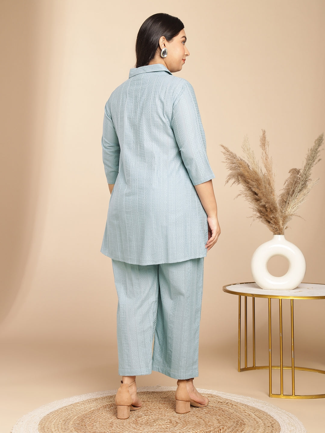 Janasya A-Line Jacquard Light Blue N/A Collar Co-Ords 