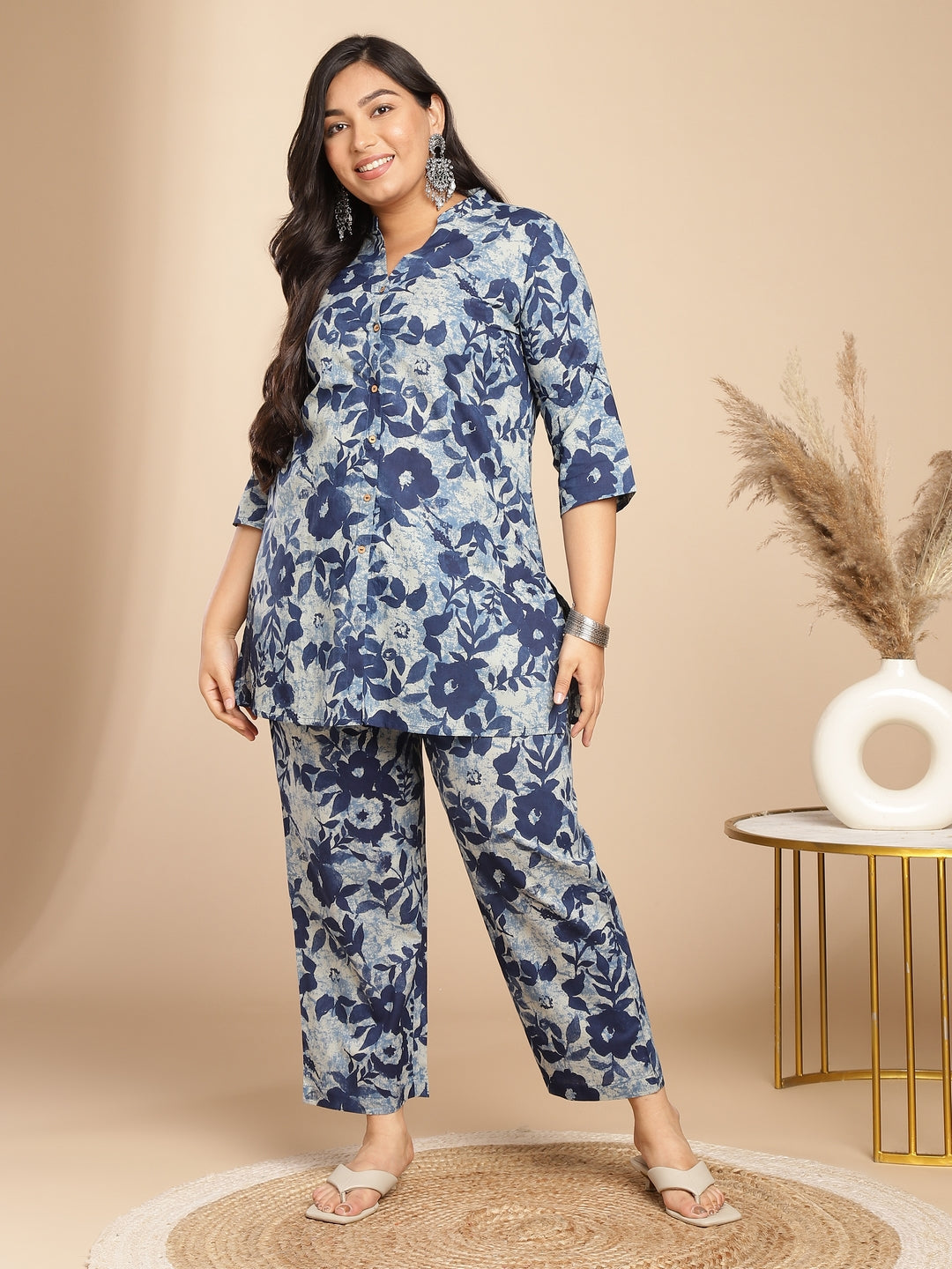 Janasya Dark Cotton Floral A-Line Top & Bottom Set 