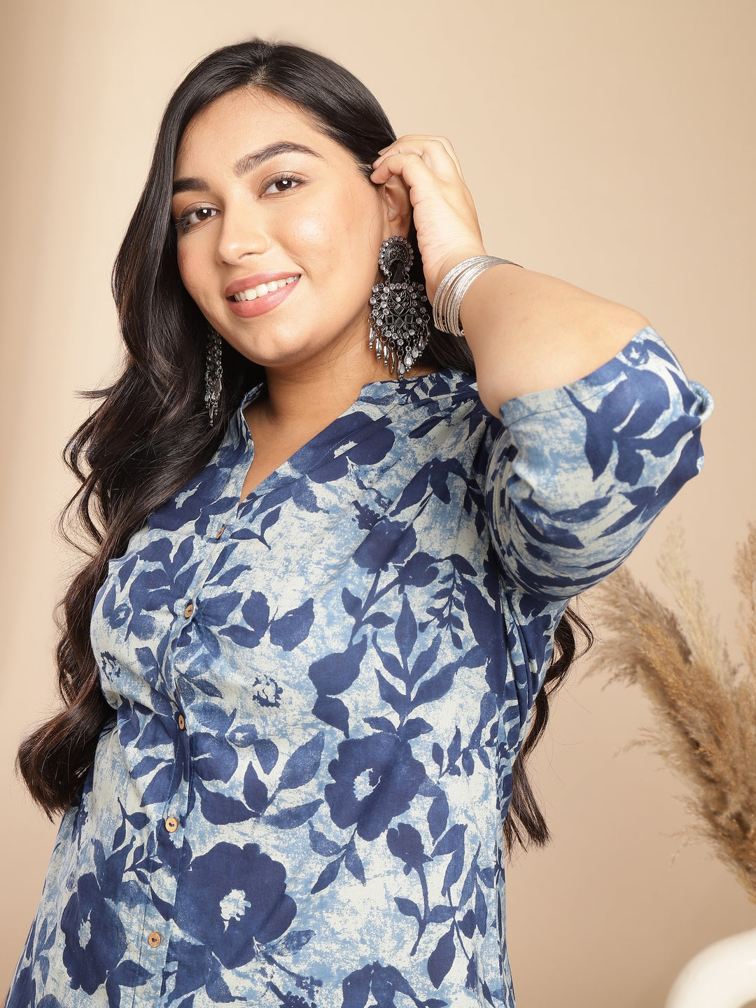 Janasya Dark Cotton Floral A-Line Top & Bottom Set 