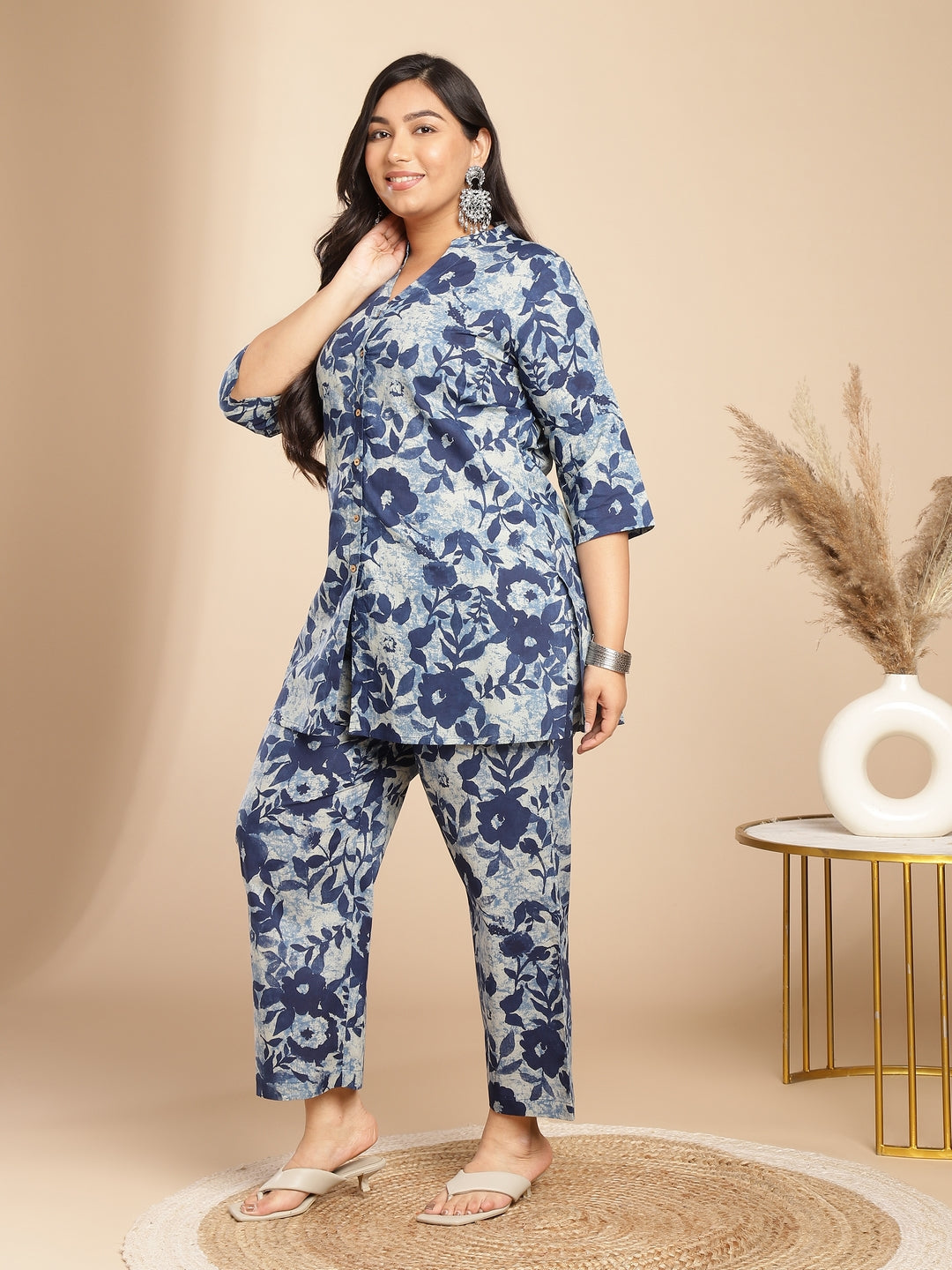 Janasya Dark Cotton Floral A-Line Top & Bottom Set 