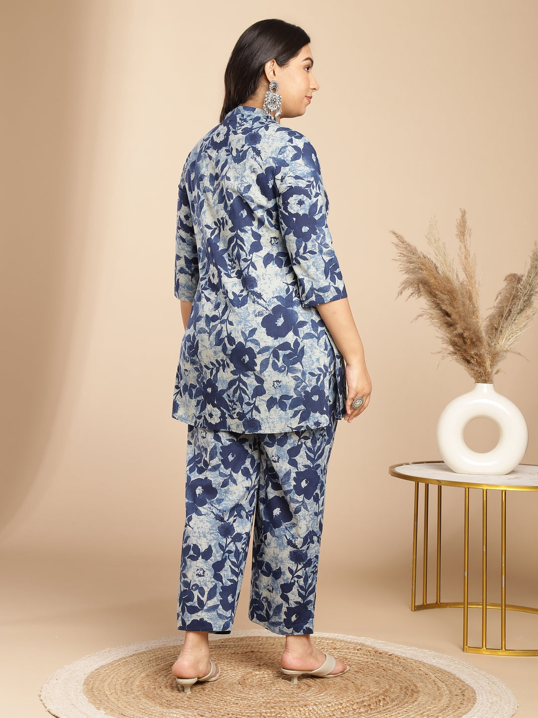 Janasya Dark Cotton Floral A-Line Top & Bottom Set 