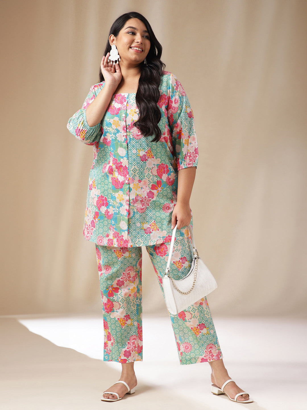 Janasya A-Line Cambric Aqua Ethnic Motifs Square Neck Co-Ords 