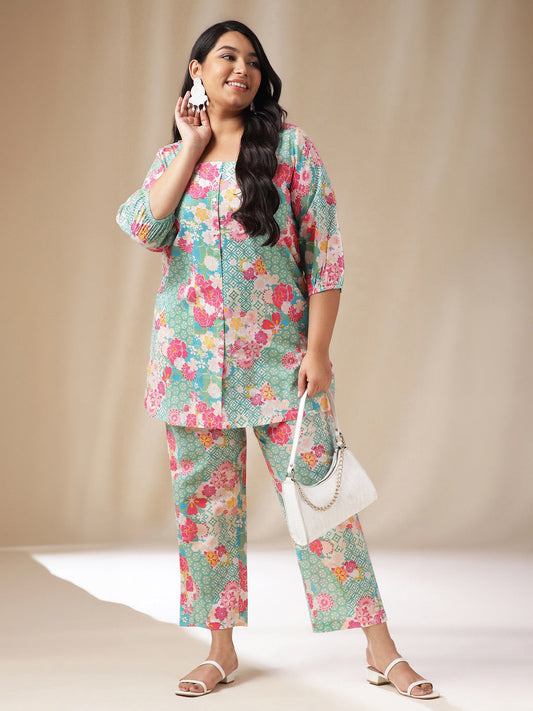Janasya A-Line Cambric Aqua Ethnic Motifs Square Neck Co-Ords 