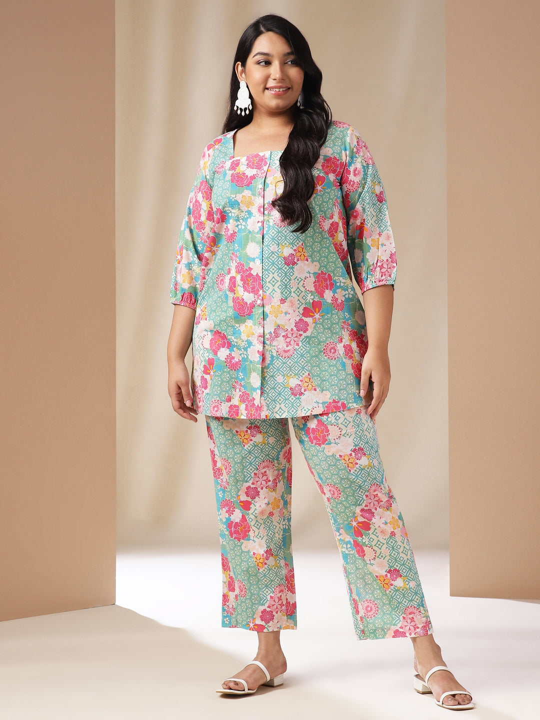 Janasya A-Line Cambric Aqua Ethnic Motifs Square Neck Co-Ords 