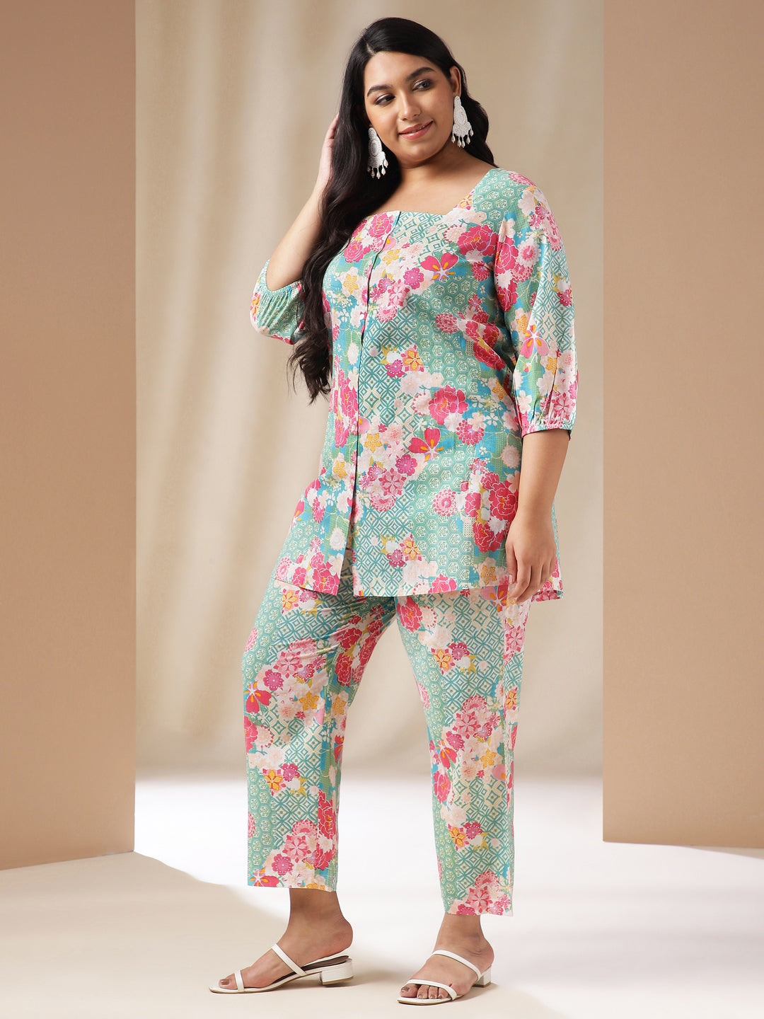 Janasya A-Line Cambric Aqua Ethnic Motifs Square Neck Co-Ords 