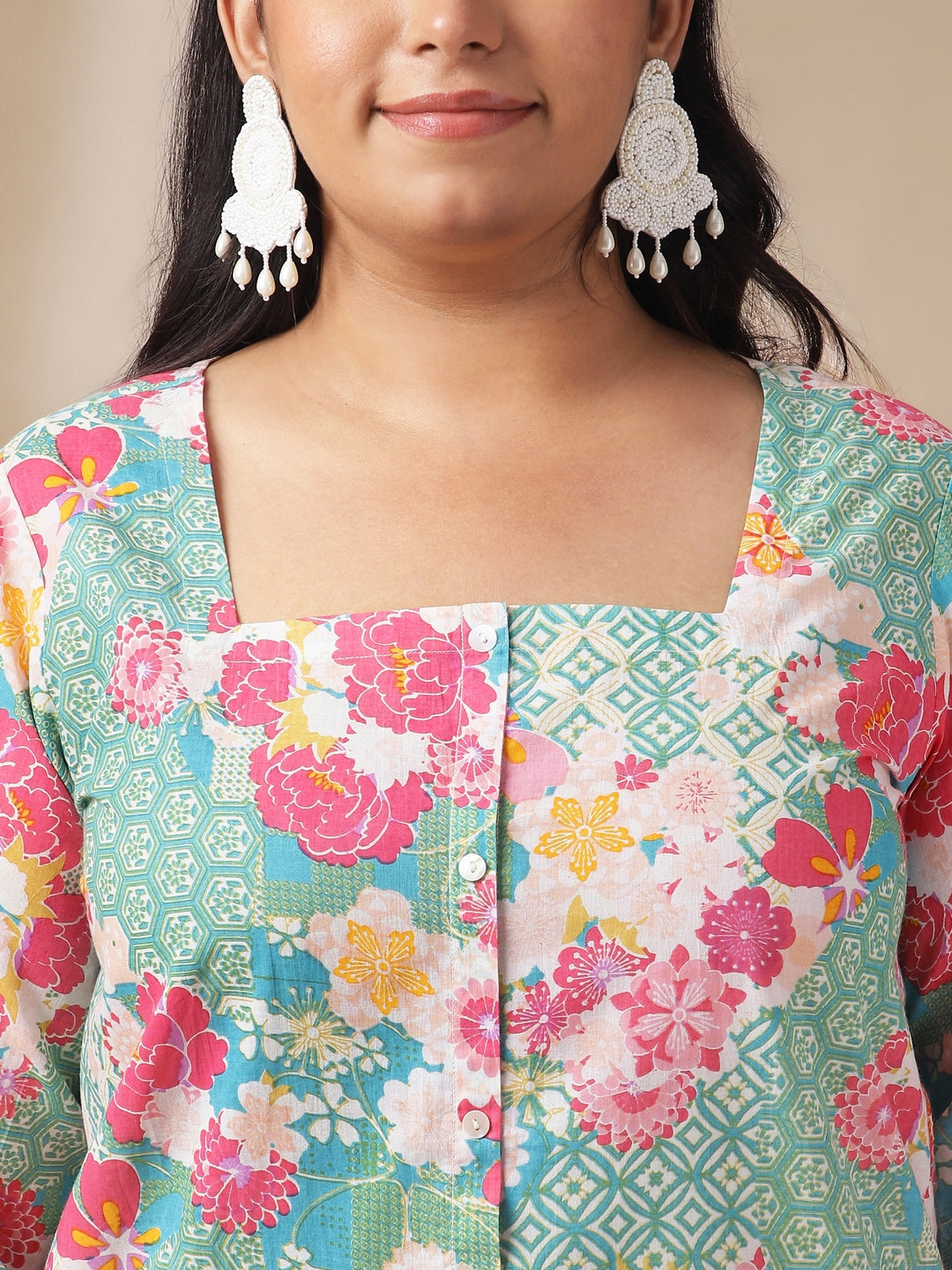 Janasya A-Line Cambric Aqua Ethnic Motifs Square Neck Co-Ords 