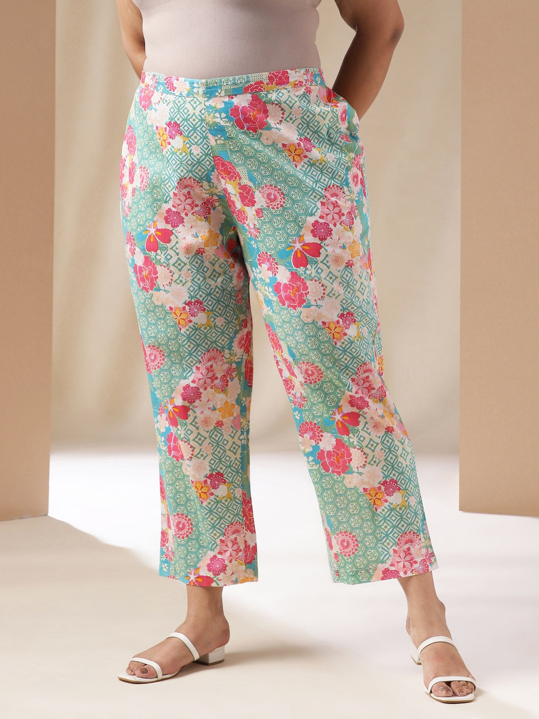 Janasya A-Line Cambric Aqua Ethnic Motifs Square Neck Co-Ords 