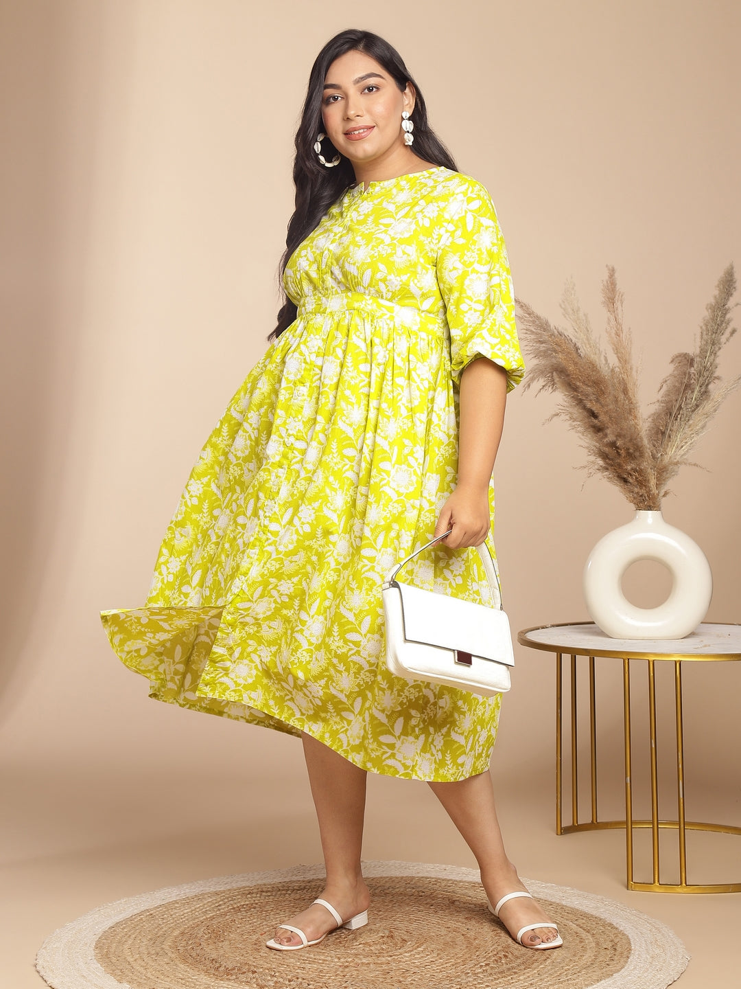 Janasya Gathering Cambric Lime Floral Round Neck Dress 