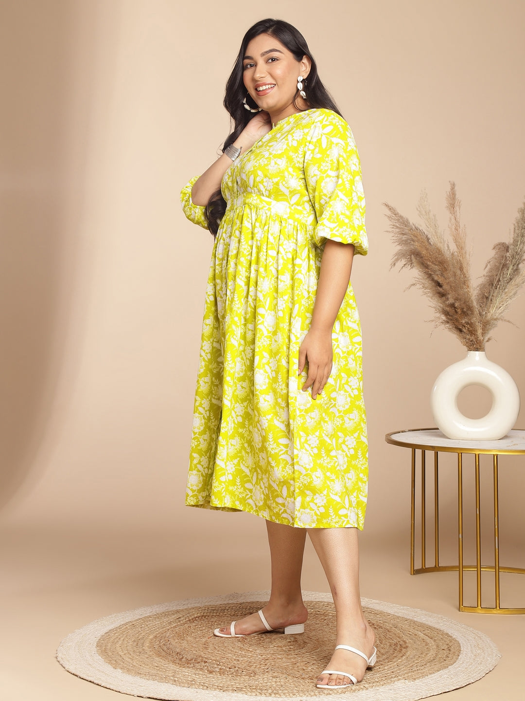 Janasya Gathering Cambric Lime Floral Round Neck Dress 