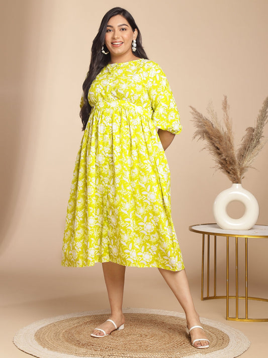 Janasya Gathering Cambric Lime Floral Round Neck Dress 