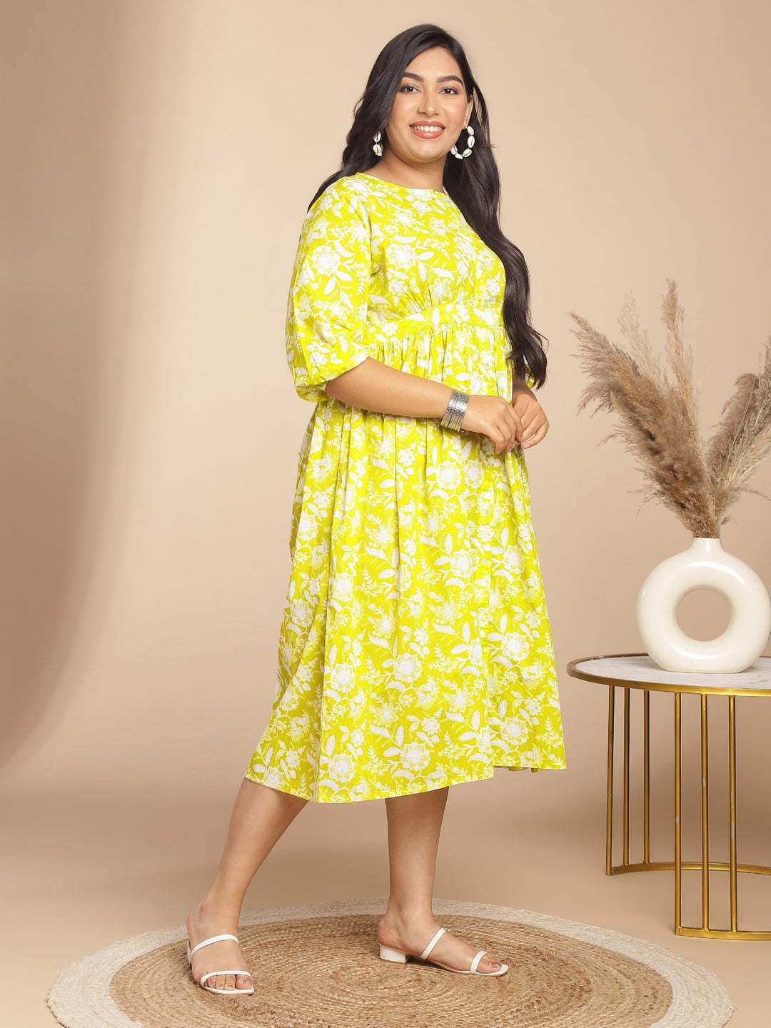Janasya Gathering Cambric Lime Floral Round Neck Dress 