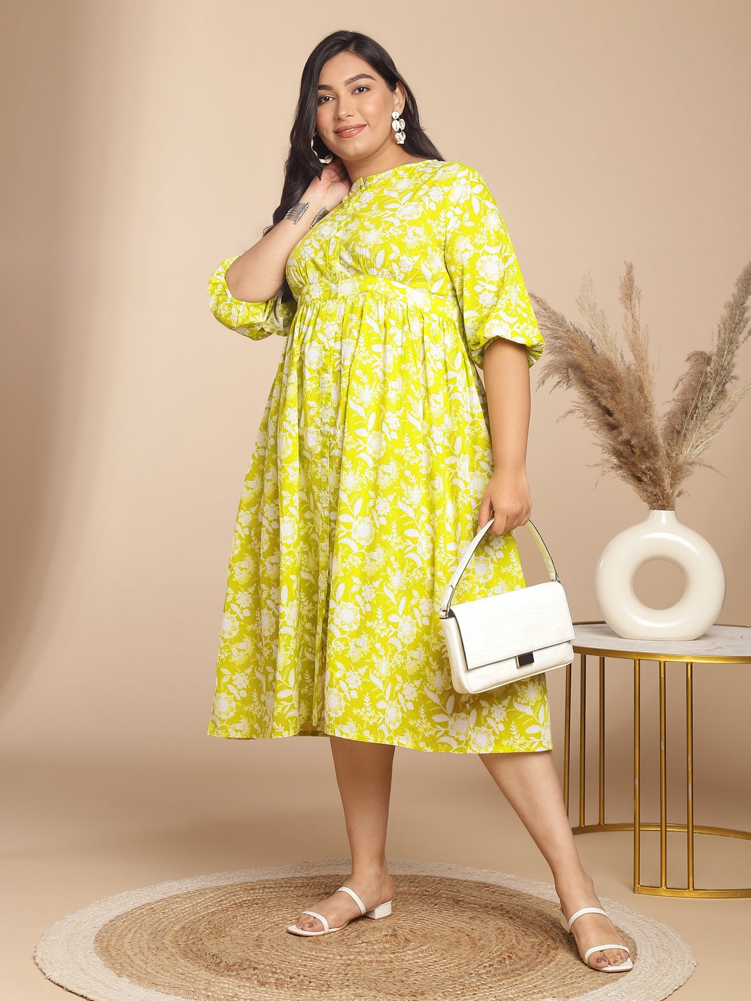 Janasya Gathering Cambric Lime Floral Round Neck Dress 
