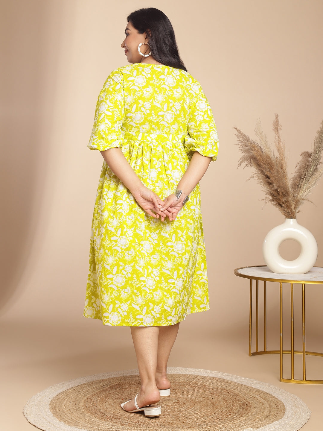 Janasya Gathering Cambric Lime Floral Round Neck Dress 