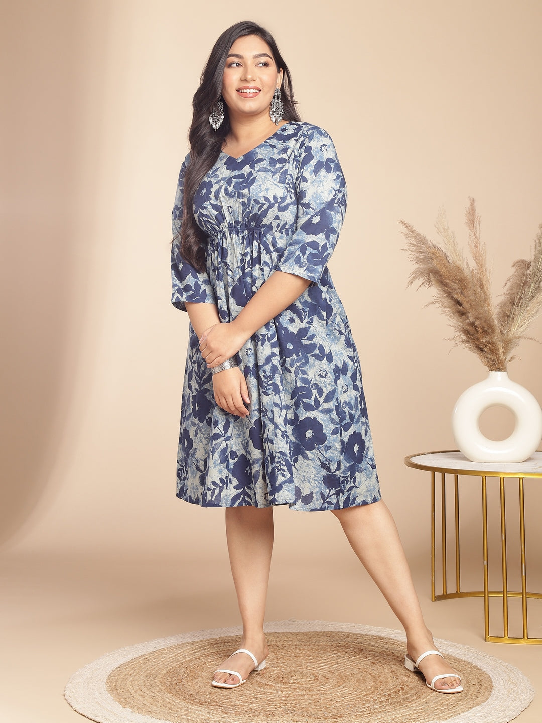 Janasya Gathered Cambric Indigo Floral V-Neck Dress 