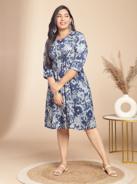 Janasya Gathered Cambric Indigo Floral V-Neck Dress 