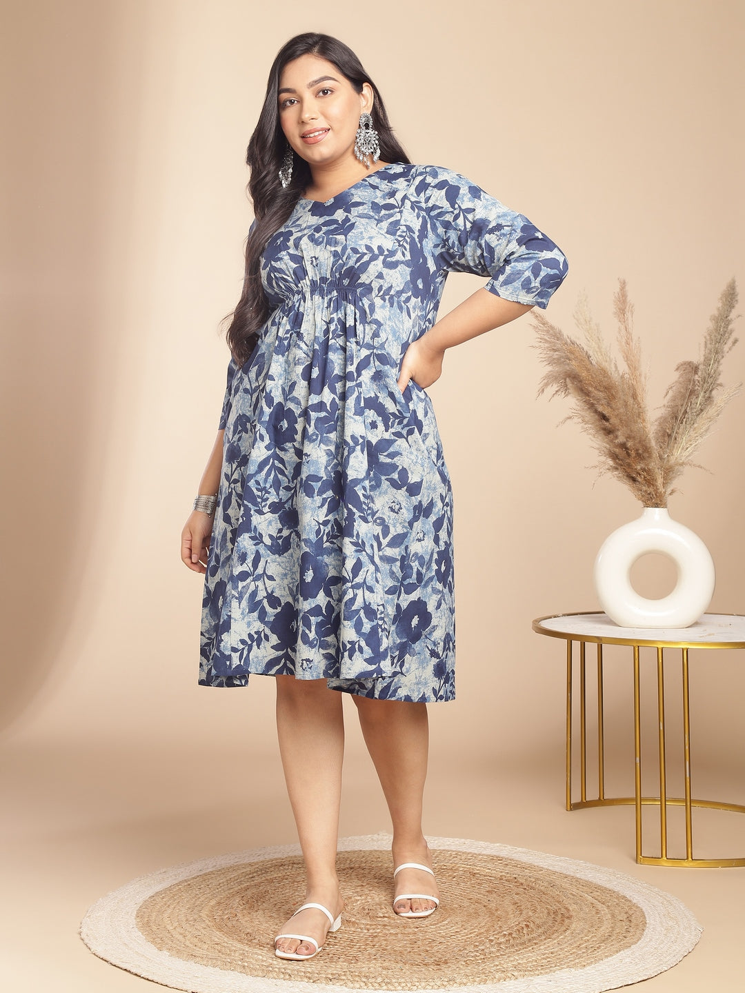 Janasya Gathered Cambric Indigo Floral V-Neck Dress 