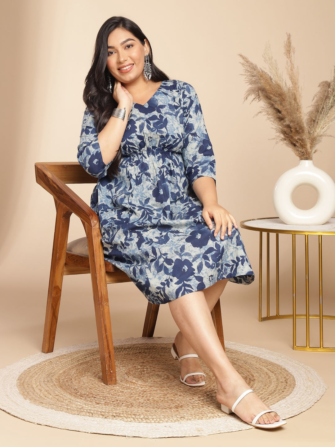 Janasya Gathered Cambric Indigo Floral V-Neck Dress 