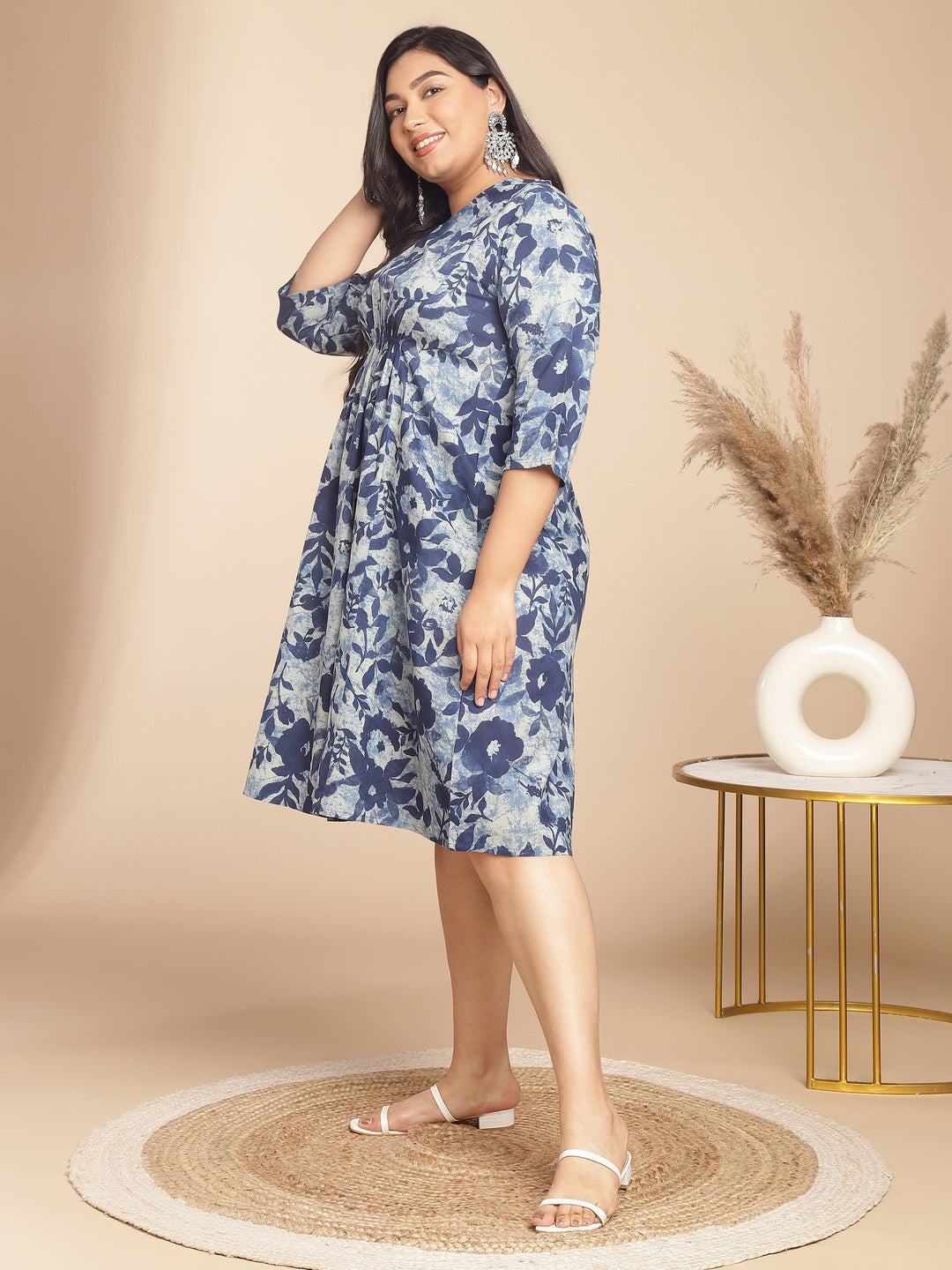 Janasya Gathered Cambric Indigo Floral V-Neck Dress 