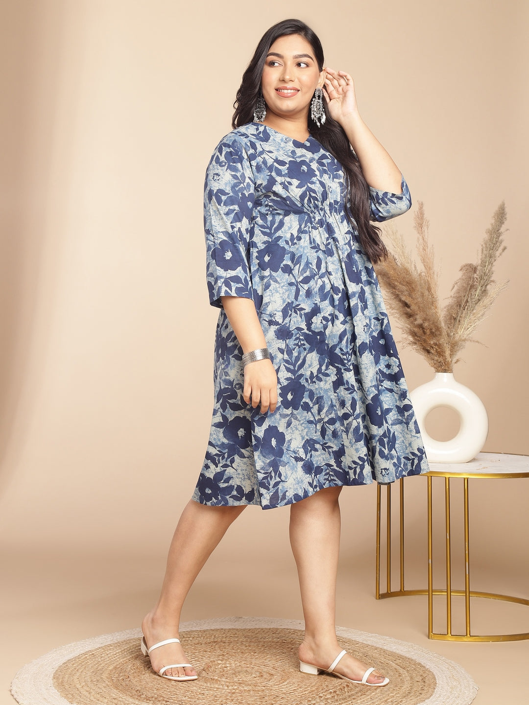 Janasya Gathered Cambric Indigo Floral V-Neck Dress 