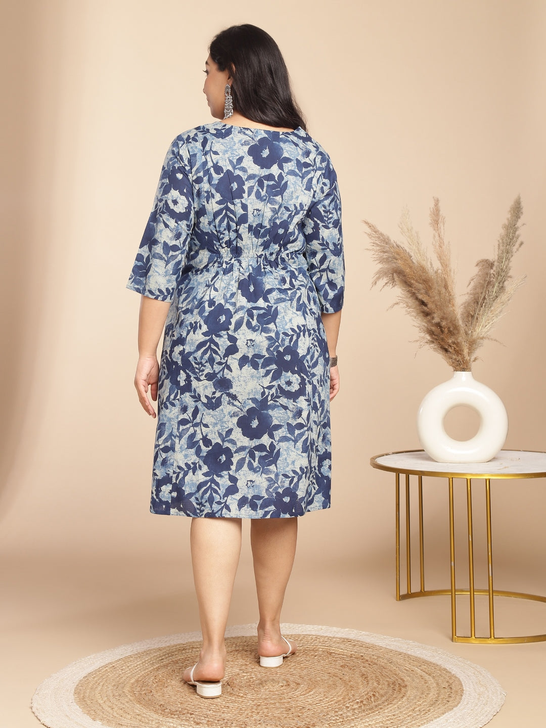 Janasya Gathered Cambric Indigo Floral V-Neck Dress 