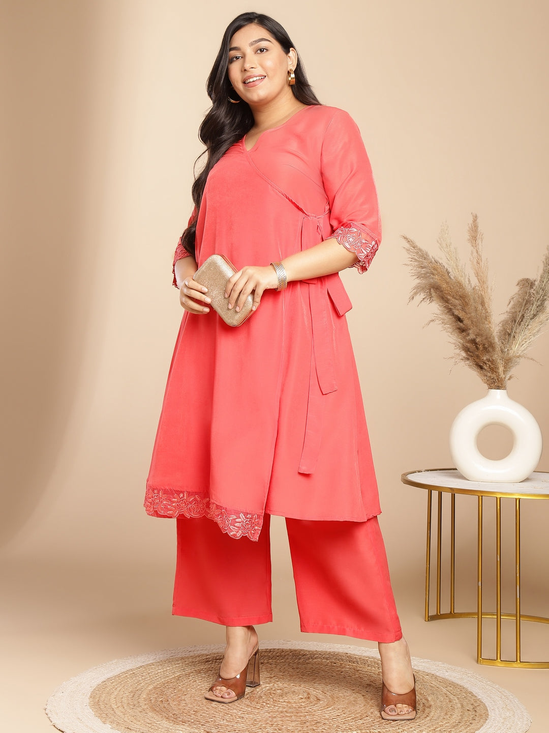 Janasya Angrakha Muslin Peach Solid V-Neck Kurta & Bottom 