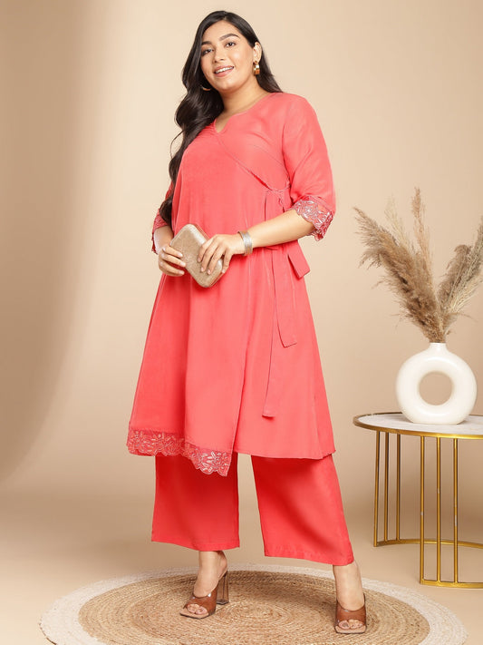 Janasya Angrakha Muslin Peach Solid V-Neck Kurta & Bottom 