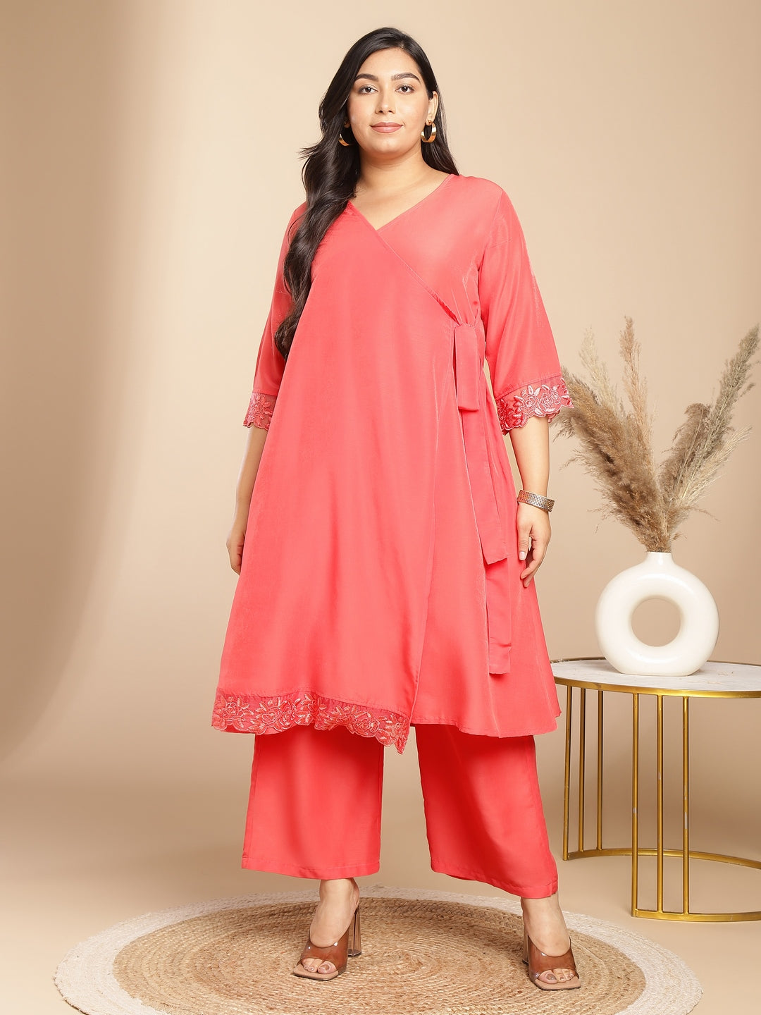 Janasya Angrakha Muslin Peach Solid V-Neck Kurta & Bottom 