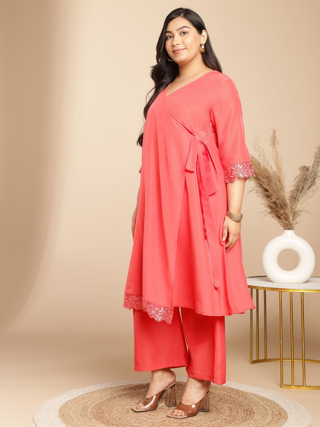 Janasya Angrakha Muslin Peach Solid V-Neck Kurta & Bottom 