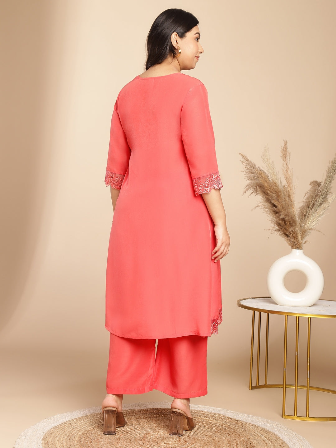 Janasya Angrakha Muslin Peach Solid V-Neck Kurta & Bottom 