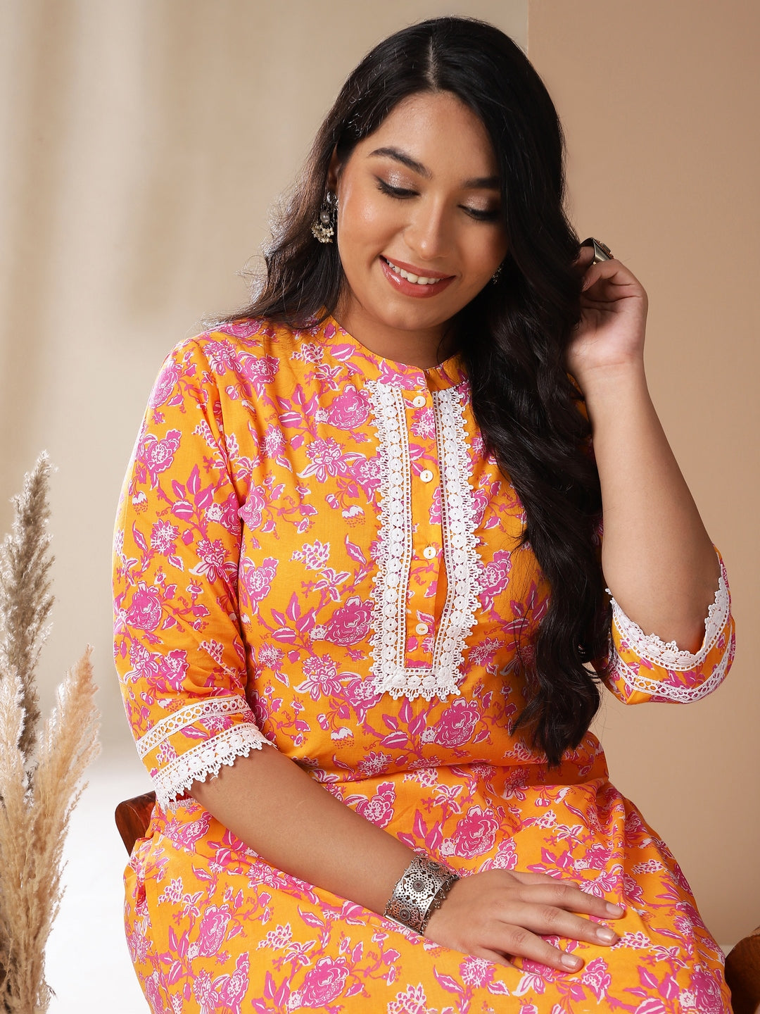 Janasya Straight Cambric Orange Floral Band Collar Kurta & Bottom