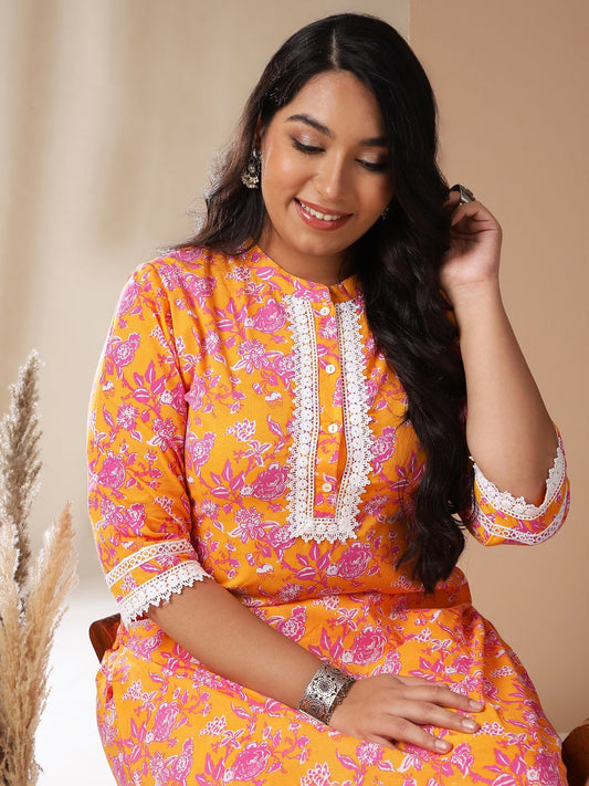 Janasya Straight Cambric Orange Floral Band Collar Kurta & Bottom