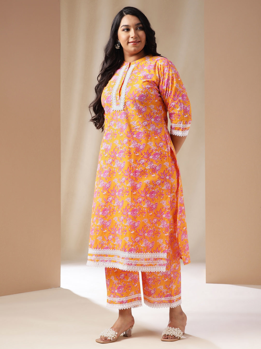 Janasya Straight Cambric Orange Floral Band Collar Kurta & Bottom