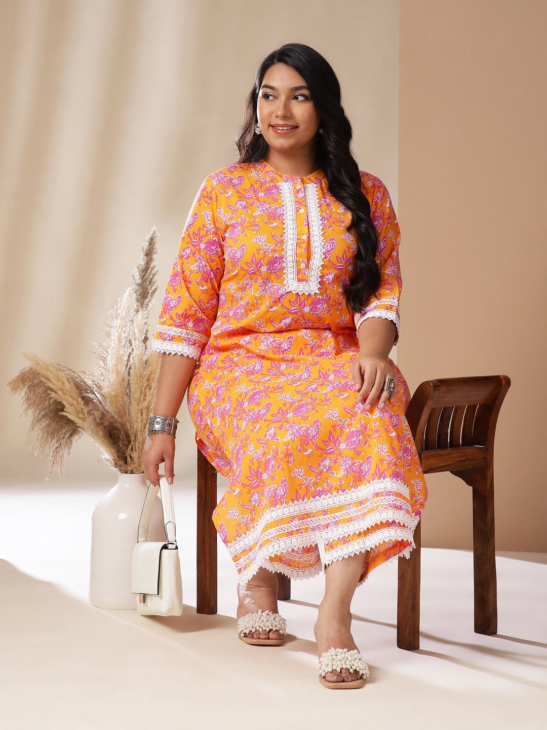 Janasya Straight Cambric Orange Floral Band Collar Kurta & Bottom