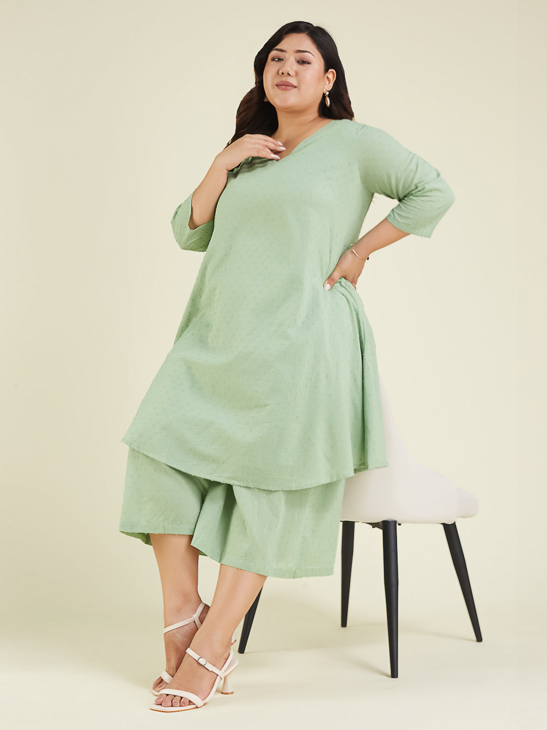 Janasya Light Dobby Cotton Self Design A-Line Top & Bottom Set 