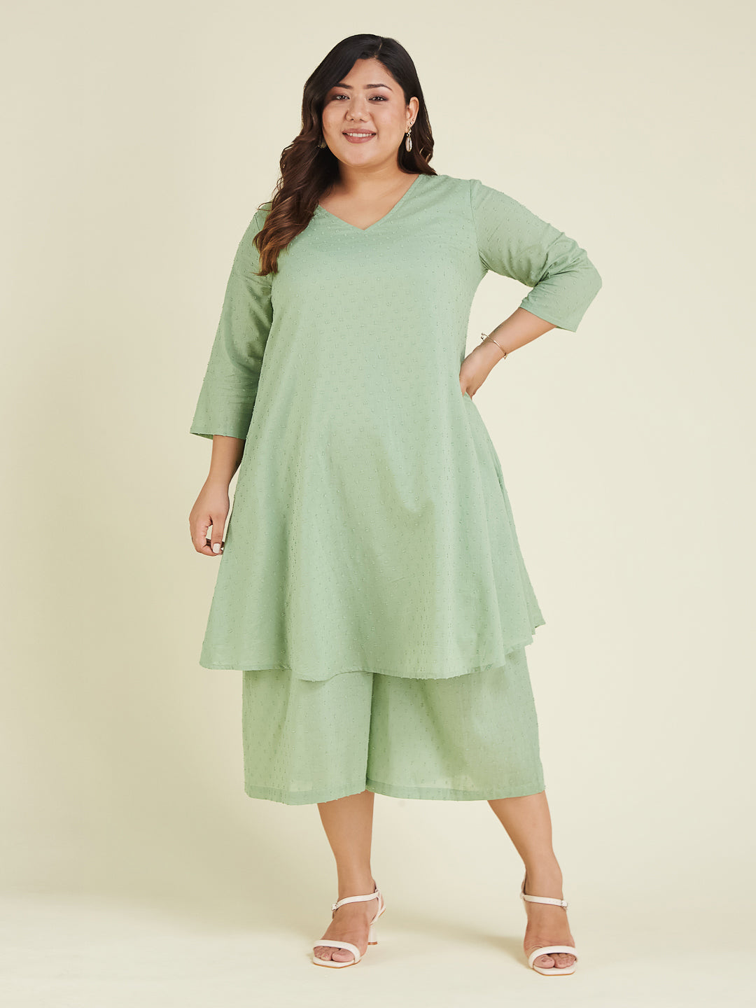 Janasya Light Dobby Cotton Self Design A-Line Top & Bottom Set 