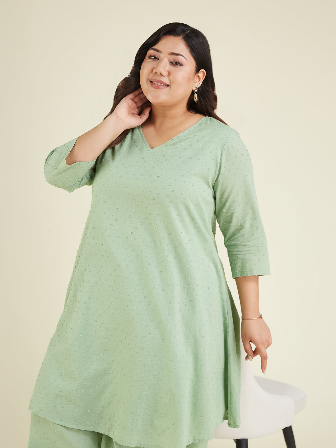 Janasya Light Dobby Cotton Self Design A-Line Top & Bottom Set 