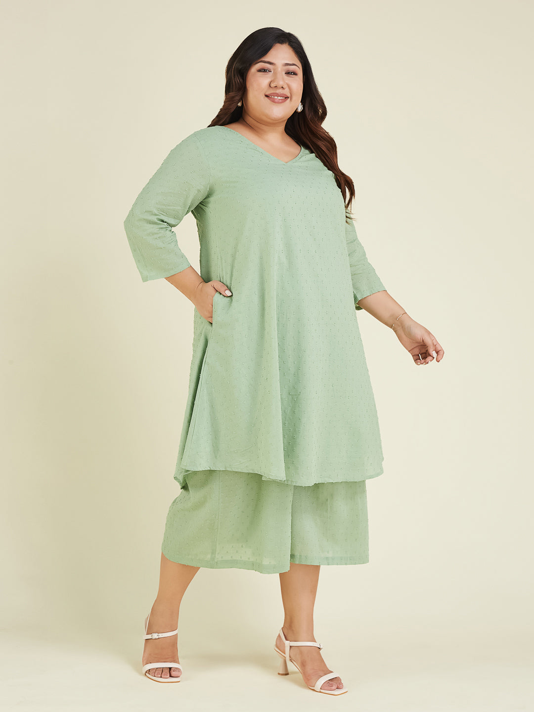 Janasya Light Dobby Cotton Self Design A-Line Top & Bottom Set 